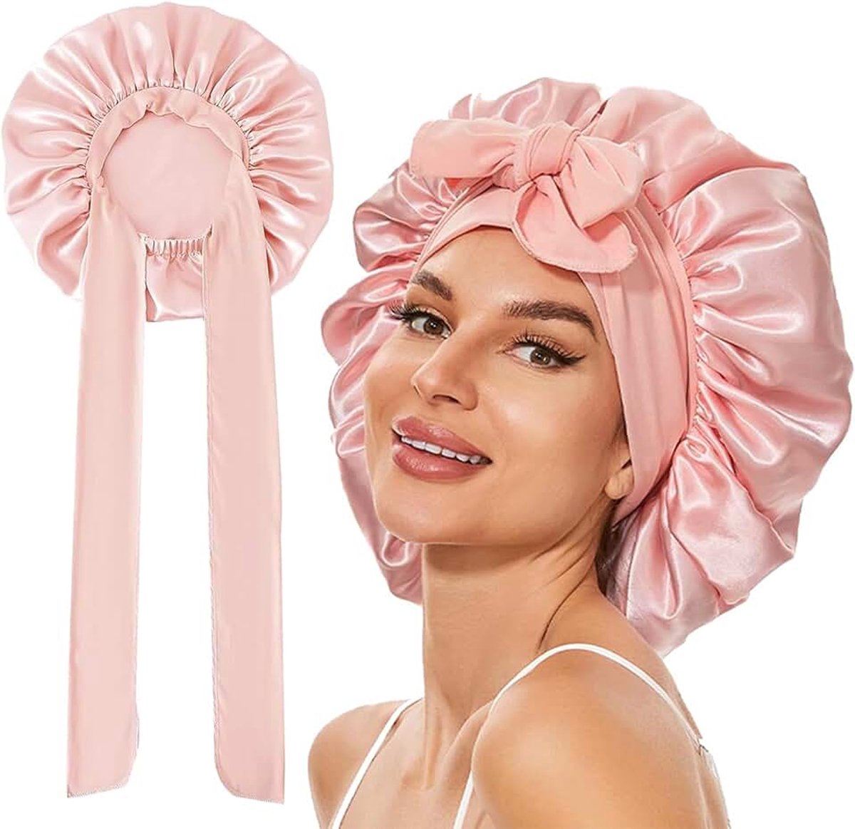Slaapmuts 36 cm met strik, Verstelbare satijnen slaapkap voor lang haar, Ademend en elastisch nachthoedje voor krullend en steil haar