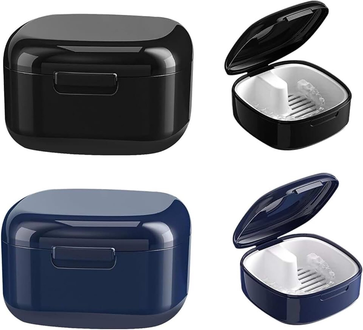 Tandprothesenbox met zeef, 2 stuks tandprothesebox, retainer, lekvrij, prothesebox, gebitsdoos, tandprothesedesendoos voor het reinigen van tandprothesen (blauw-zwart) prothesedoos, reddingsbox voor