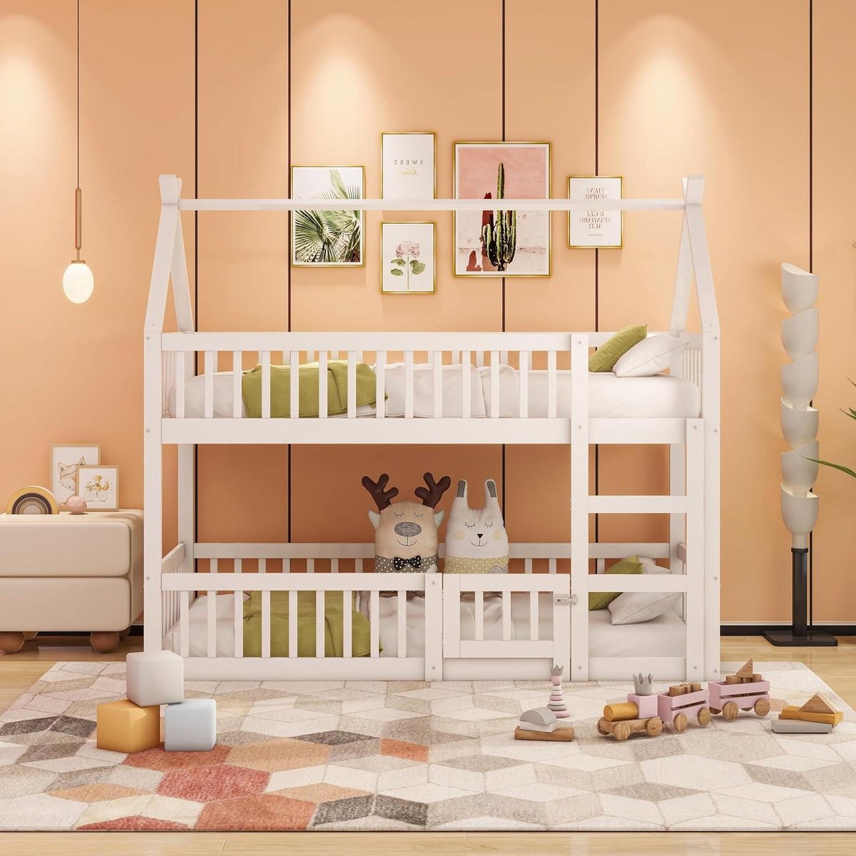 Stapelbed Kinderbed - Hoogslaper Speelbed - Kinderkamer Inrichten - Met Valbescherming - 90 x 200 cm - Wit