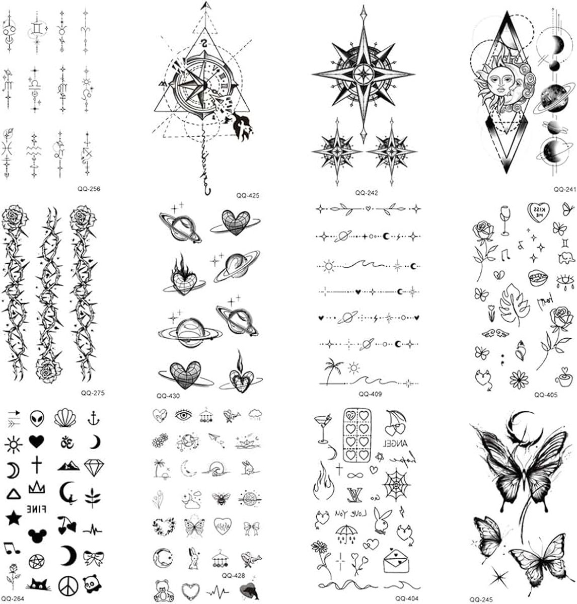 Tijdelijke tatoeagestickers met bloemen, stippen, vlinders, sterrenhemel en andere mooie en elegante motieven. Waterdicht en geschikt voor kinderen, volwassenen, vrouwen.