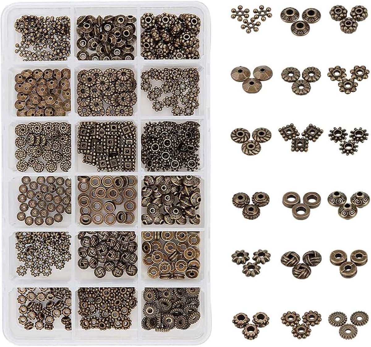 Elite 540 stuks/doos 18 vormen Tibetaanse stijl legering kralen spacer voor armband halsketting sieraden maken, antiek brons