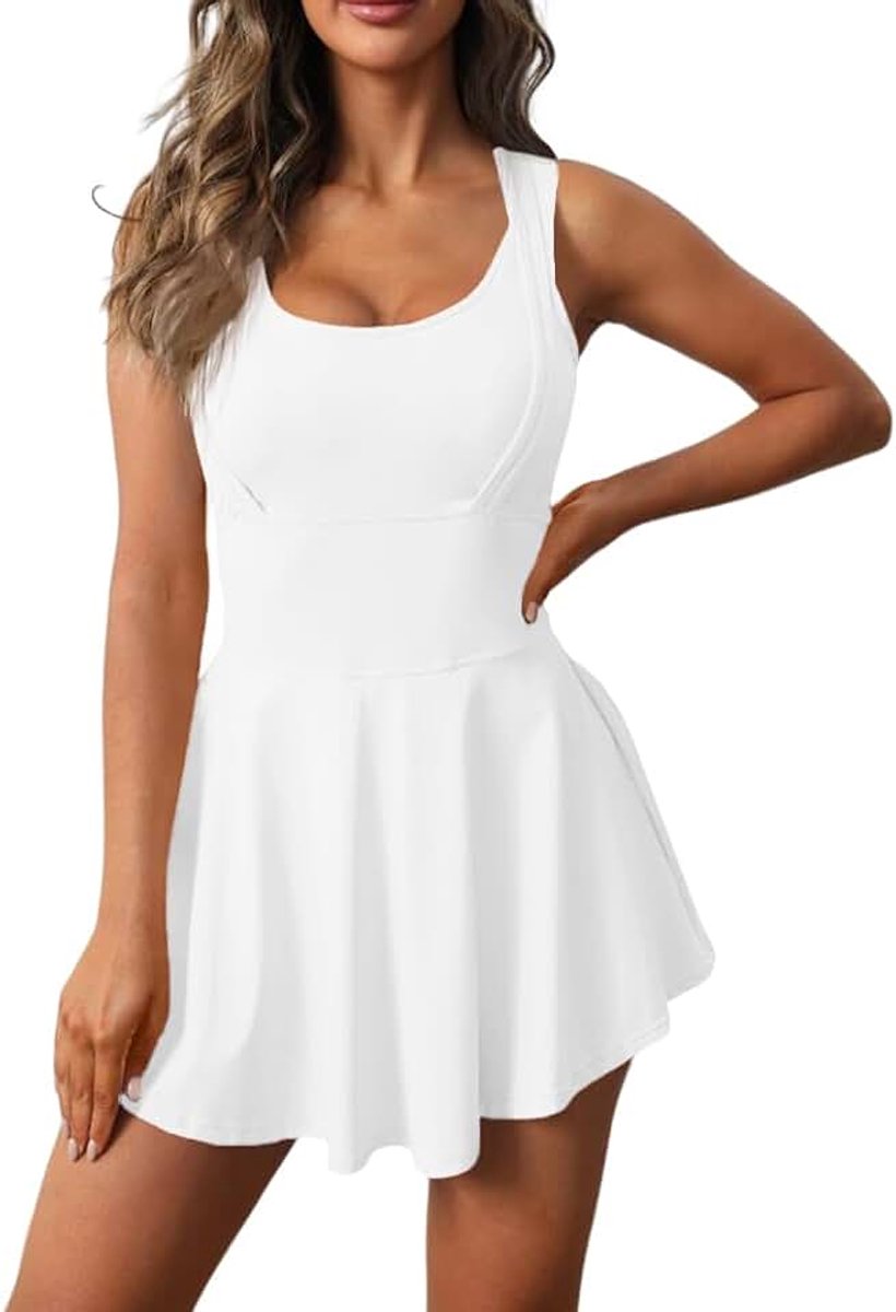 Dames tennisjurk mouwloos U-hals sport jurk set zomer mini-jurk met geïntegreerde beha en shorts A-lijn golf jurken