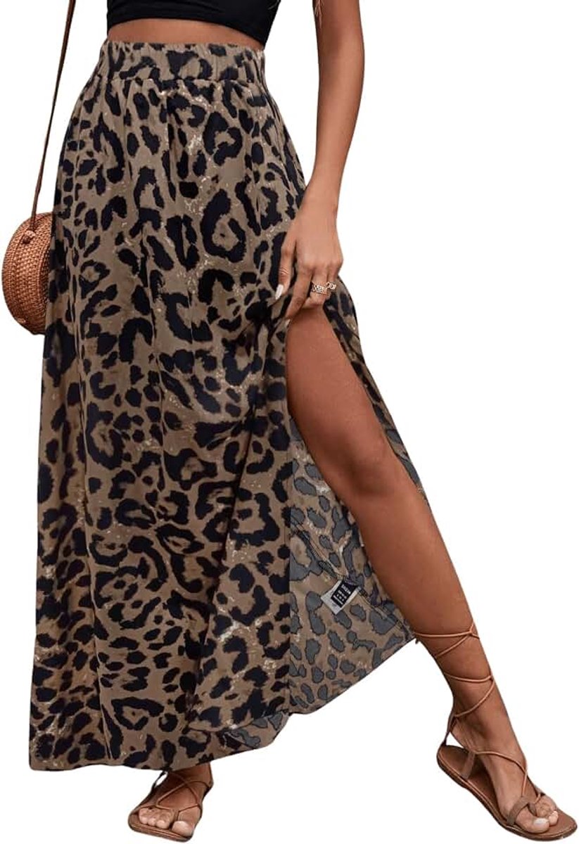 Damesrok, maxirok, luipaard, casual rok met split, lichte zomerrok, boho, vrijetijdsrok, hoge taille, partyrok