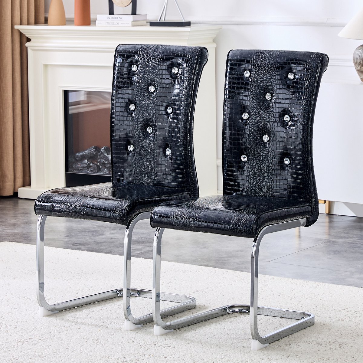 Clruro Eetkamerstoelen - 2 Stuks - Krokodillenlook met Kristalknopen - PVC en Metaal - Zwart/Chroom