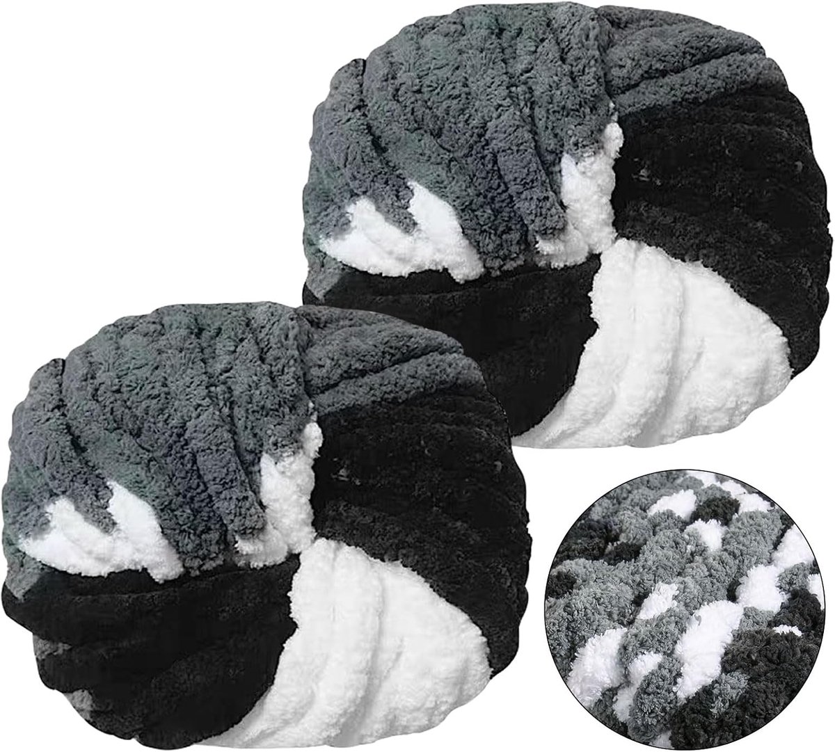 wol om te haken, 250 g x 2, Chunky Yarn, wol, zwart, wit, grijs, superzachte dikke wol voor handbreien, armbreien, wol, wollig, om te haken, deken, sjaals, mutsen, sierkussens