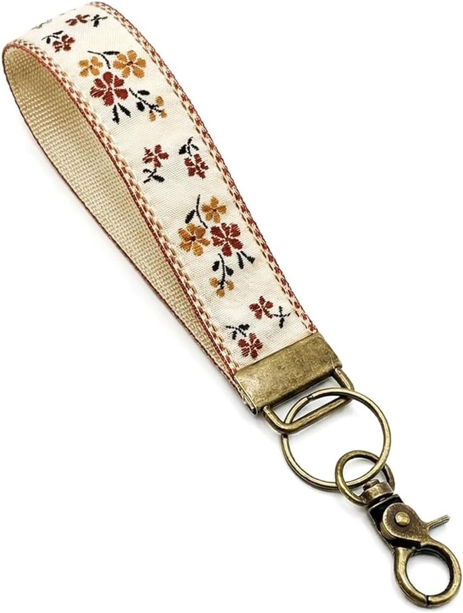 Dames, Boho Bloemenstof Sleutelband met Rode Bloemen, Tas Hanger, Sleutelhanger voor Handtassen, Decoratief Accessoire voor Dames
