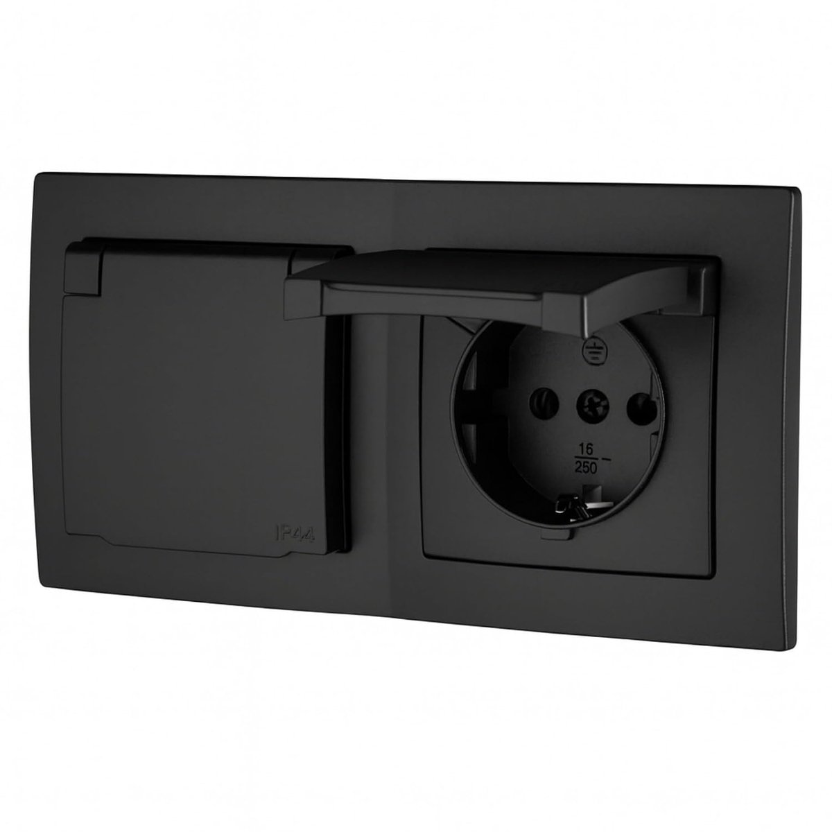 Dubbel stopcontact IP44, steekklem, all-in-one, serie ET-1, zwart