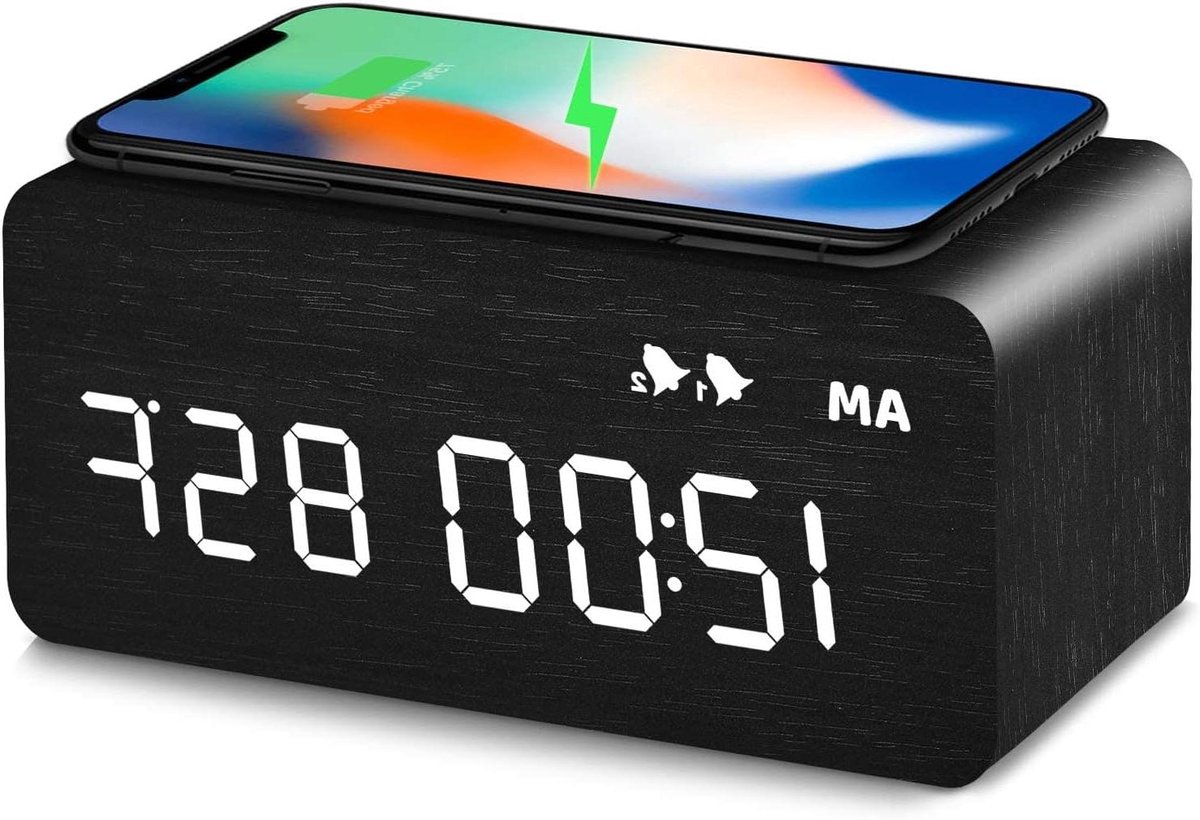 Digitale Houten Wekker - LED Klok - Opladen en Wakker Worden - Draadloos Laden Functie - 5.7 x 2.5 Inch