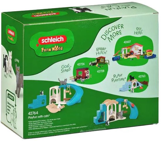 Schleich Farm World speelset met katten, klimtoestel, glijbaan en wip.