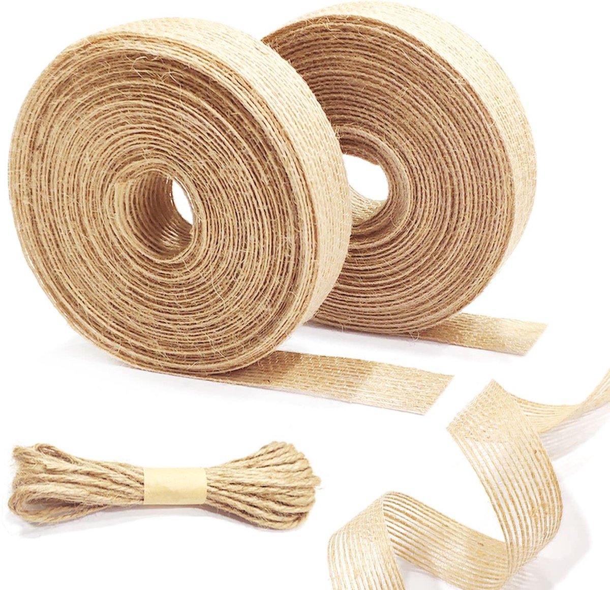 Jute knutsellint en 1 bundel natuurlijk jute touw, 20 m natuurlijk rustiek jute lint (2 cm) en 5 m jute touw (3 mm), voor knutselprojecten, geschenkverpakkingen doe-het-zelf, tuinieren