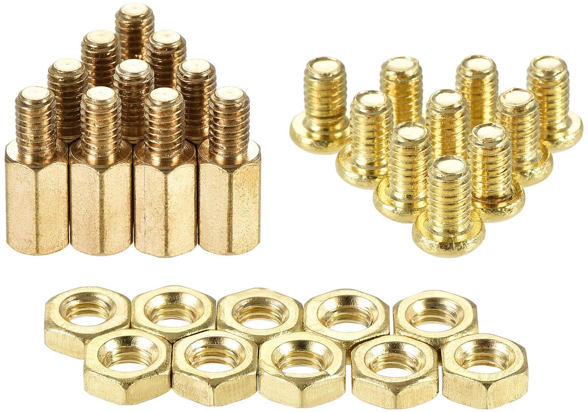 Sourcing map M4 zeskant messing afstandhouder afstandhouder 10 mm + 6 mm mannelijk vrouwelijk met schroefdraadschroeven en moeren tas voor PCB moederbord computer printplaat 10 sets