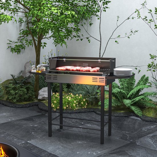 Houtskoolbarbecue met rooster op 3 niveaus en opvouwbare zijplanken, 118 x 32 x 90 cm, zwart — afbeelding 3