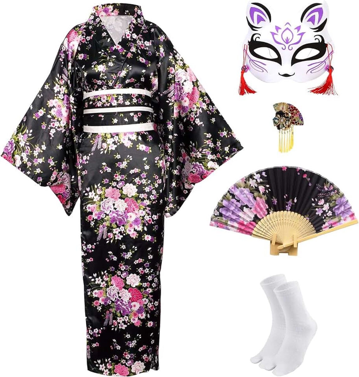 5 stuks lange kimono-badjas voor dames, Japanse kimono, ochtendjassen met sakura-print, Japanse Yukata-kostuumset met accessoires