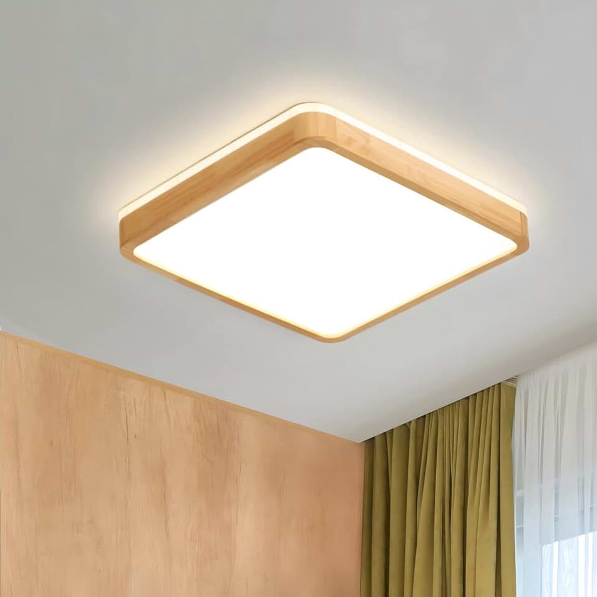 LED-Plafondlamp | Ø30cm 3000K 1620Lm 18W | Square Top 360° Glow Natuurlijk Houten Plafondlamp, Slaapkamer, Woonkamer, Kinderkamer, Keuken, Eetkamer, Thuis, Kantoor (Warm Wit)