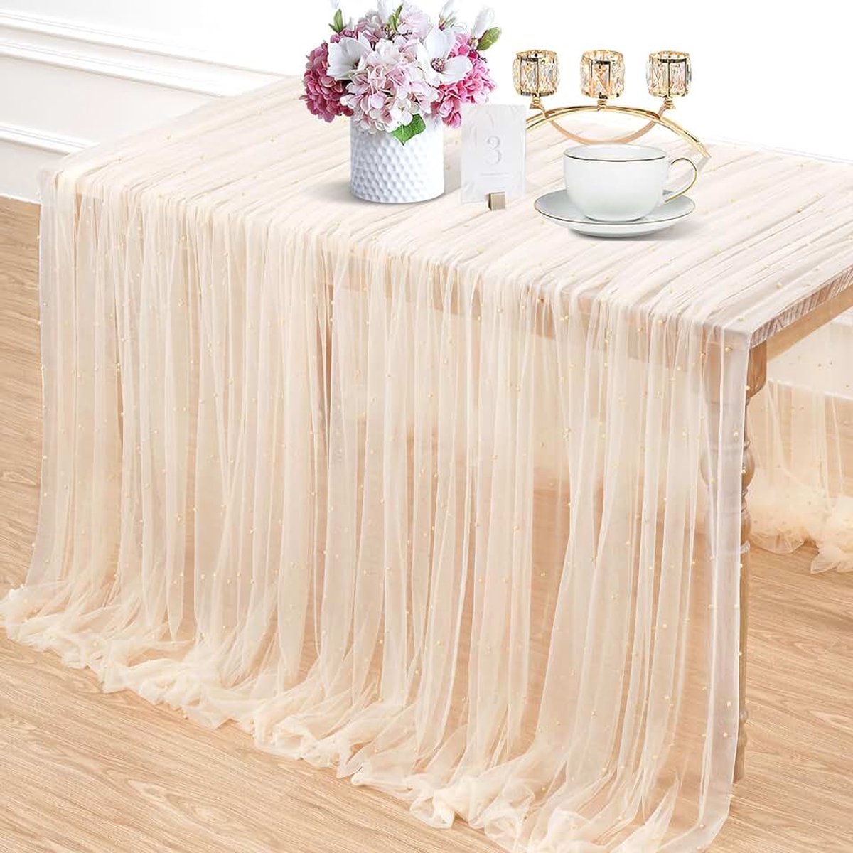 Tafelkleed met champagneparel: bruiloft tafelloper decor 3 m tule stof voor feest, bruidsdouche, bruiloft boog sluier kant tafelloper decoraties 152 x 304 cm