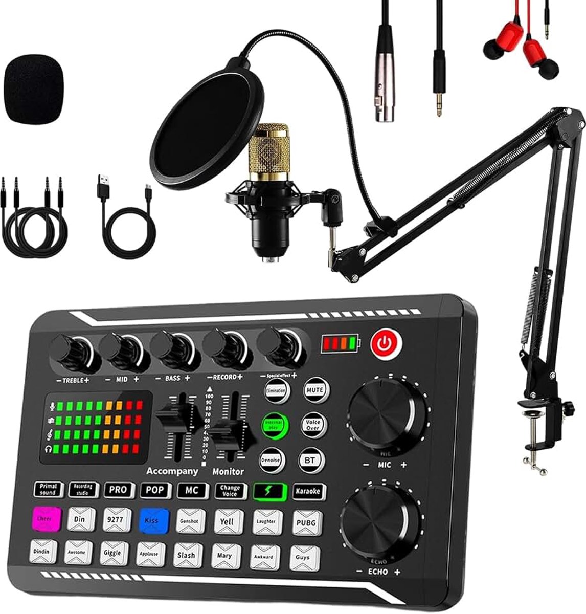 Microfoonbundels, complete F998 live geluidskaart met BM800 condensatormicrofoon, professionele podcastapparatuurbundel, DJ-mixer, effecten voor live streaming, gaming, YouTube, TikTok