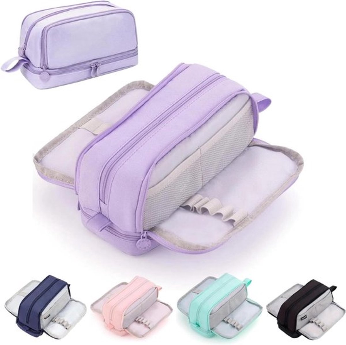 Etui met handvat en 4 ruime vakken, geschikt voor school en kantoor, paars, slijtvast en lichtgewicht, voor meisjes, jongens en volwassenen, 22 cm x 11, middelbare school, kleuterschool.