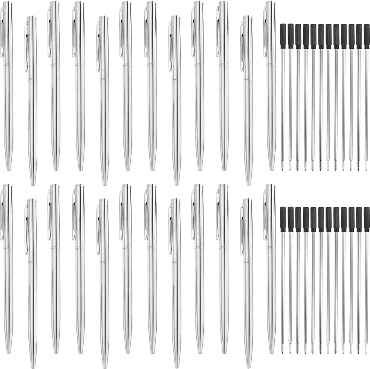 Balpen, 24 stuks, 1,0 mm zwarte balpen met 24 navullingen, rotatie zwarte inkt, slanke balpen voor business, bruiloft, kantoor (zilver)