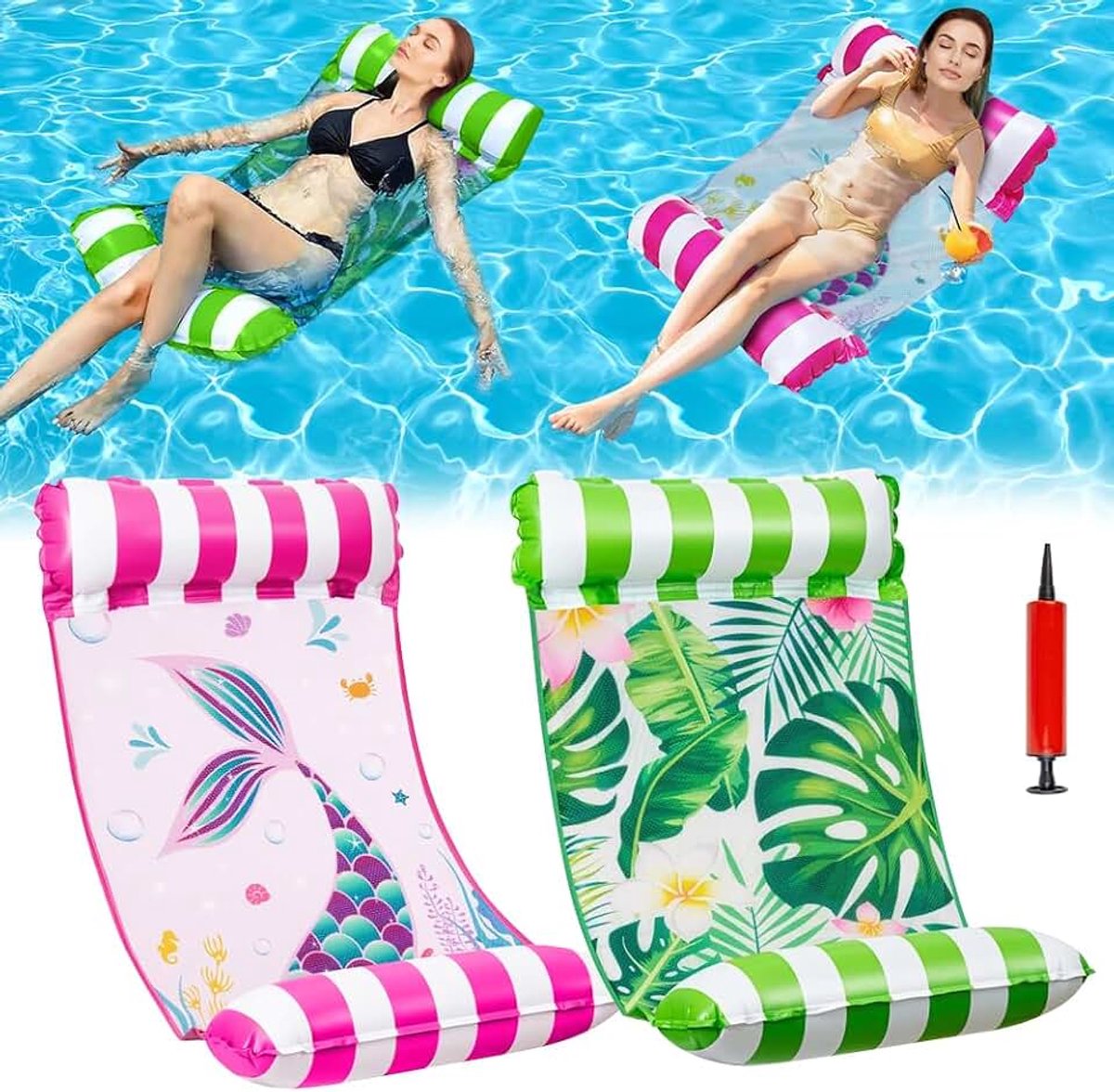 2 stuks luchtmatrassen, opblaasbaar zwembed, 4-in-1 opblaasbare waterhangmat met waterdichte telefoonhoes en luchtpomp, waterhangmat, zwembadfloat voor zwembad, strand, vakantie