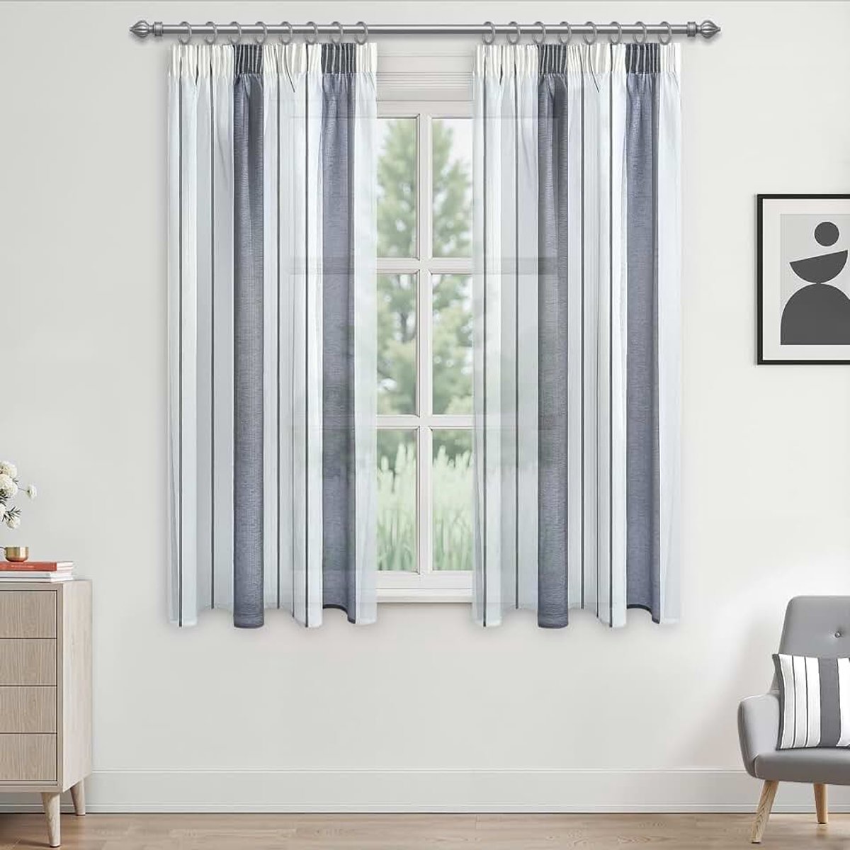 Gordijnen met plooiband Grijs en wit gestreept voor slaapkamer 175x140 cm Rolgordijn, set van 2
