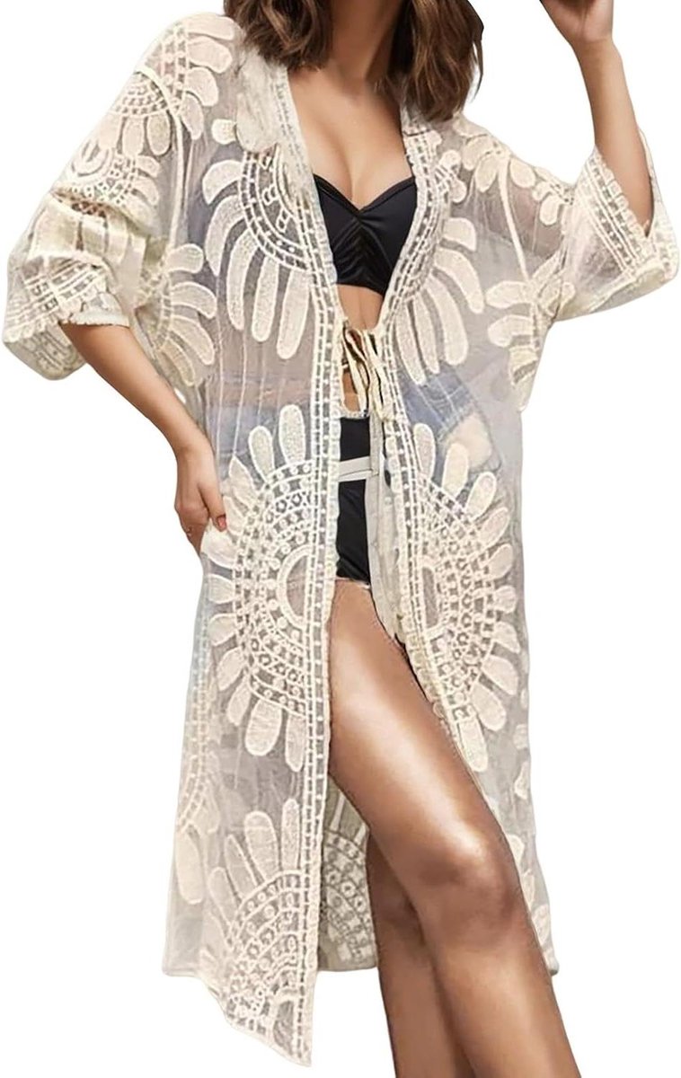 Kanten Bloemenjurk - Strandjurk Kaftan - Strand Kleding - Boho Stijl - Losse Pasvorm - Wit