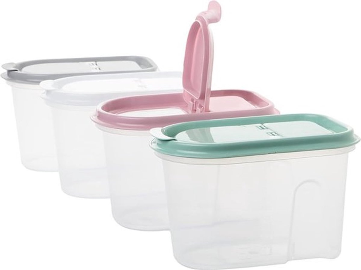 Opbergpotten, Set van 4, 1,1 liter, Transparant met scharnierende deksels, Ontbijtgranen-dispenser, Kleur: Grijs, Roze, Wit, Groen, Plastic, Geschikt voor ontbijtgranen, 100% recyclebaar