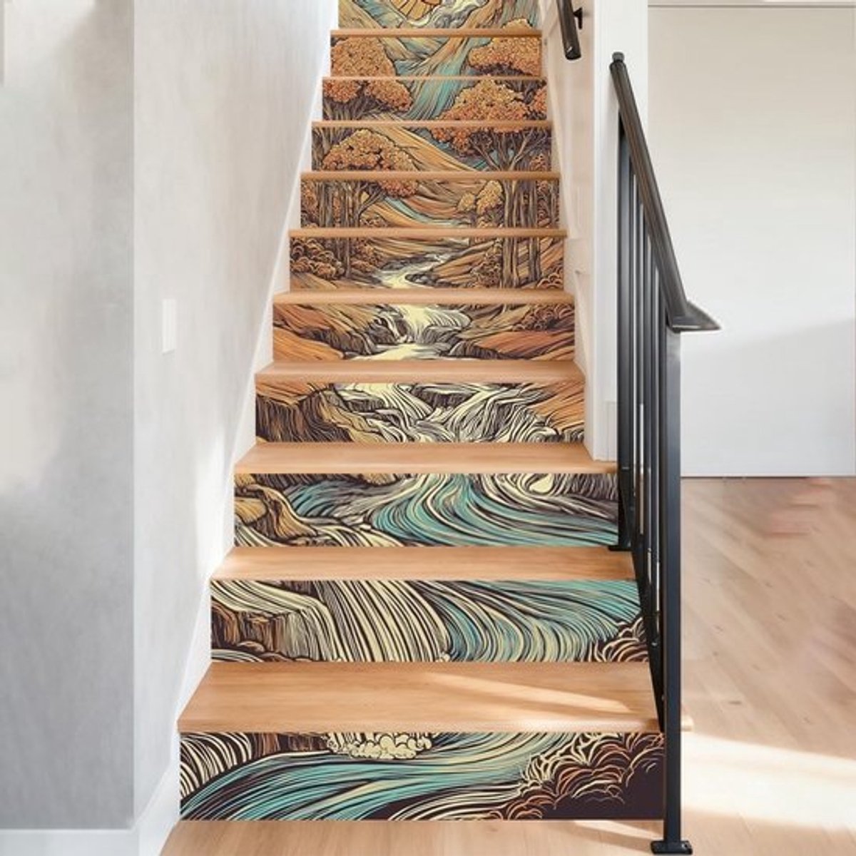 15 Stuks Watervaste PVC Trapstickers met Berg- en Zonsondergang Motief voor Trapdecoratie in Woonkamer en Boerderij