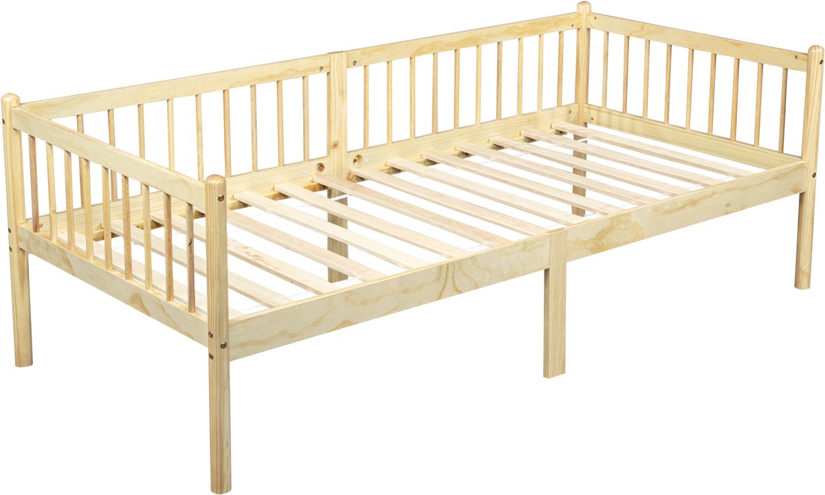 Bedbank - Logeerbed - Eenpersoonsbed - Kinderbed - Grenenhout - Uitvalbeveiliging - Lattenbodem - Opbergruimte - Slaapkamer - 90x200 cm - Slaapbank - Natuur