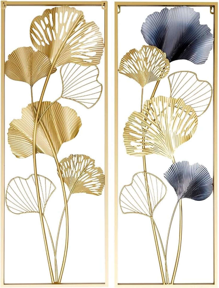 Ginkgo wanddecoratie, 3D metalen wanddecoratie ginkgo wandsculptuur set van 2 wanddecoratieobject gouden ginkgo biloba wandbehang voor woonkamer, slaapkamer 85 x 31 x 5 cm
