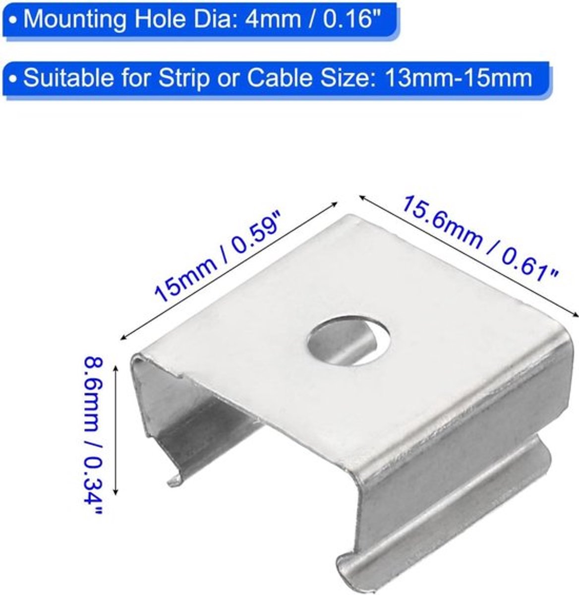 LED-stripclips 40 stuks montagebeugels en bevestigingsclips, RVS klemhouders met schroeven voor 13mm-15mm neon RGB-lichtkabellint, clip, eenvoudige installatie, zilver, bevestiging, geschikt voor 13mm-15mm LED-strips, RVS-model