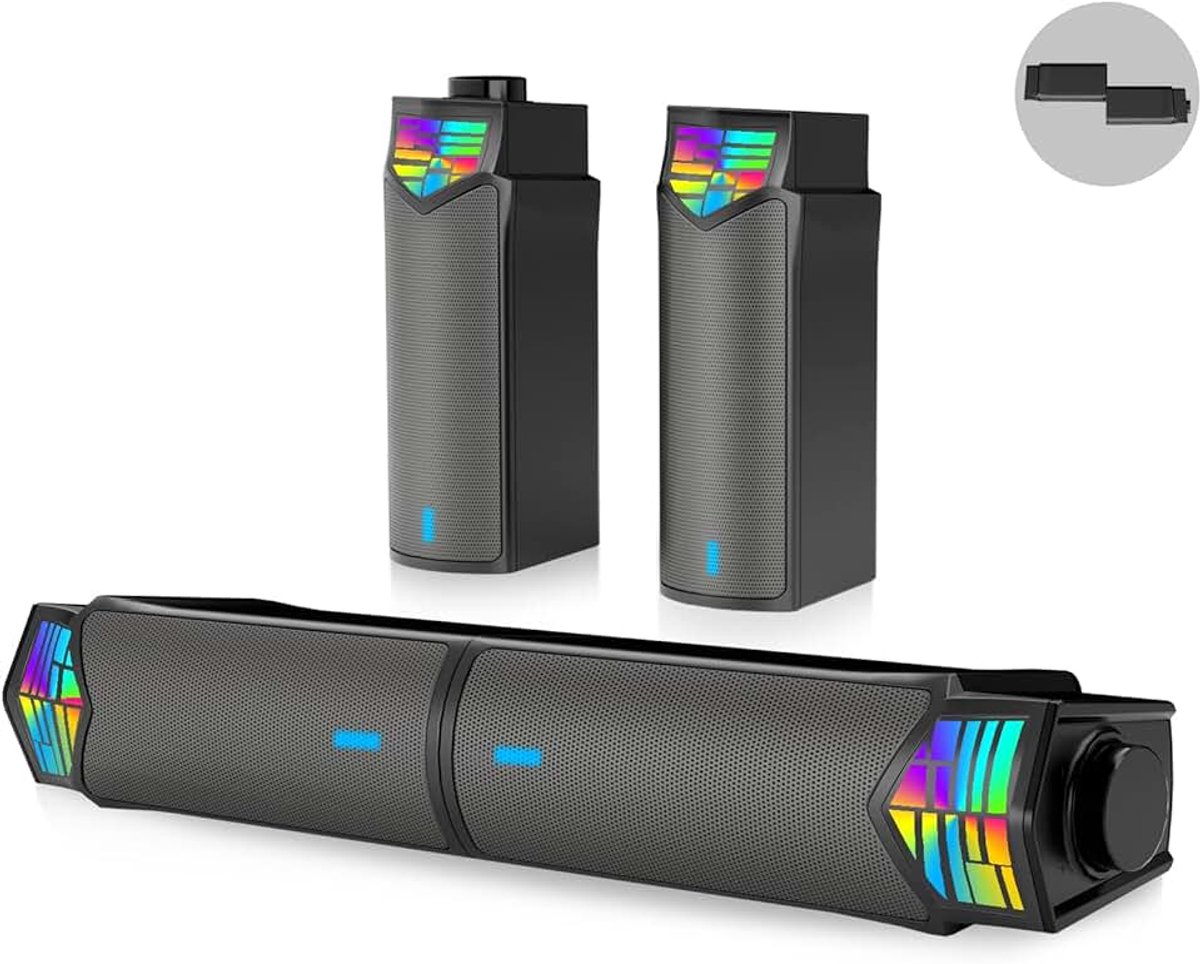 Computer-pc-luidspreker, 2-in-1 bluetooth-luidspreker met RGB-verlichting, afneembare soundbar, stereogeluid, luidspreker voor pc