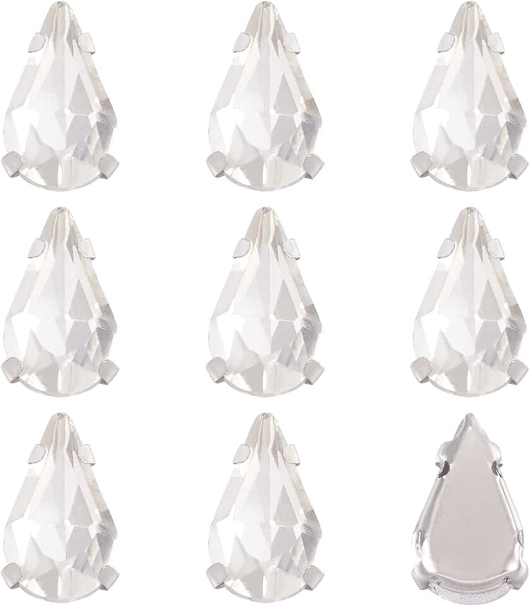 50 stks Teardrop Naai op Rhinestone Clear Crystal Glass Klauw Strass met Gat Platinum Prong Setting Flatback Klauw voor DIY Jurk Kleding Schoenen Tas Decoraties