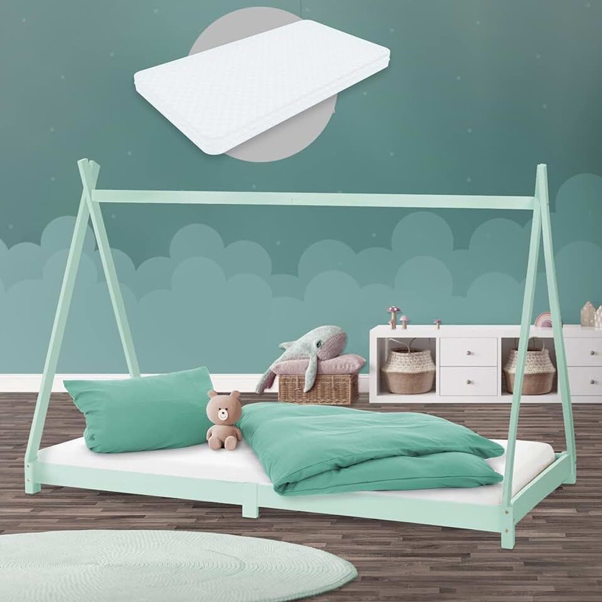 Kinderbed Tipi 90x200 cm mint met matras en lattenbodem, Indisch bed van massief hout, grenenhout, huisbed voor meisjes en jongens, kinderhuis, jeugdbed, houten bed, bedhuis, speelbed, tent
