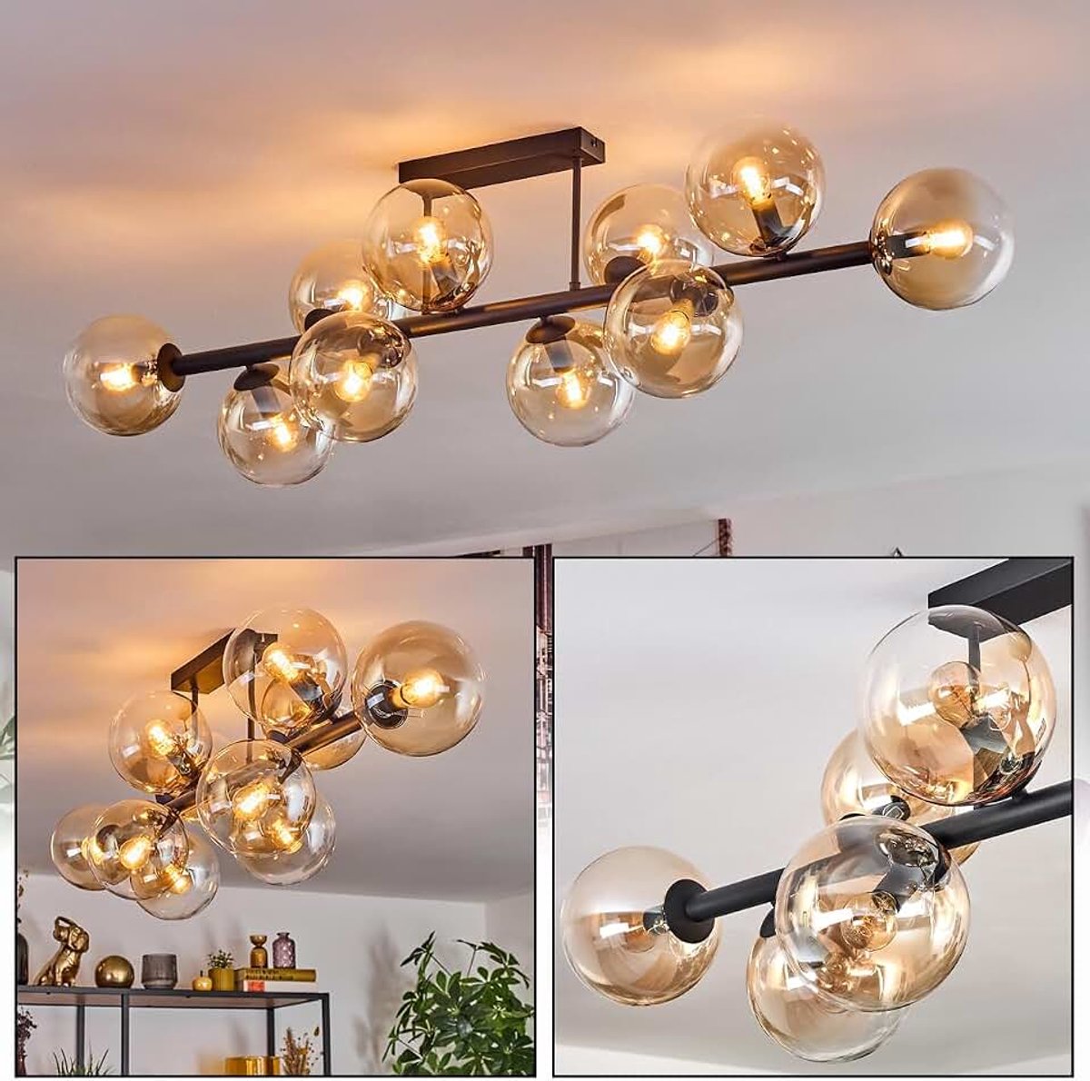 Plafondlamp Gastor, 10-lichts plafondlamp van metaal/glas in zwart/amber/helder, modern armatuur in vintage design (kappen Ø 15 cm), E14, eetkamer, woonkamer, slaapkamer, keuken