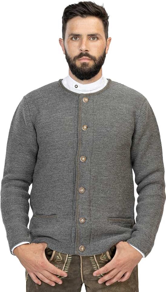 Gebreide jas voor heren van wol, elegante klederdrachtjas, cardigan & lederhose, grijs Niklas