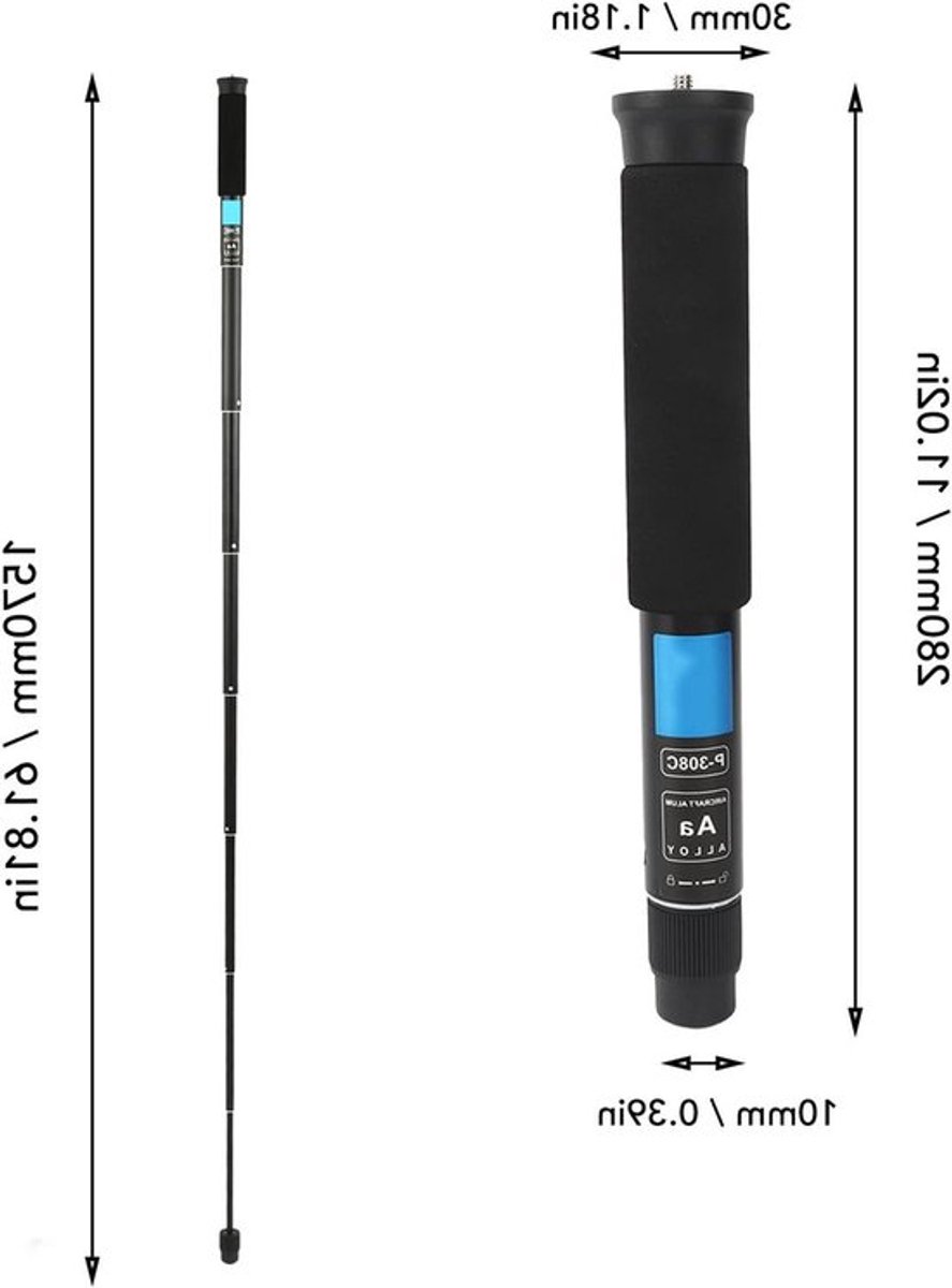 Professionele 62 Inch Camera Monopod met 8 Secties, Stevige Aluminium Unipod voor Fotografie en Trekking met Conversieschroef 1/4in naar 3/8in