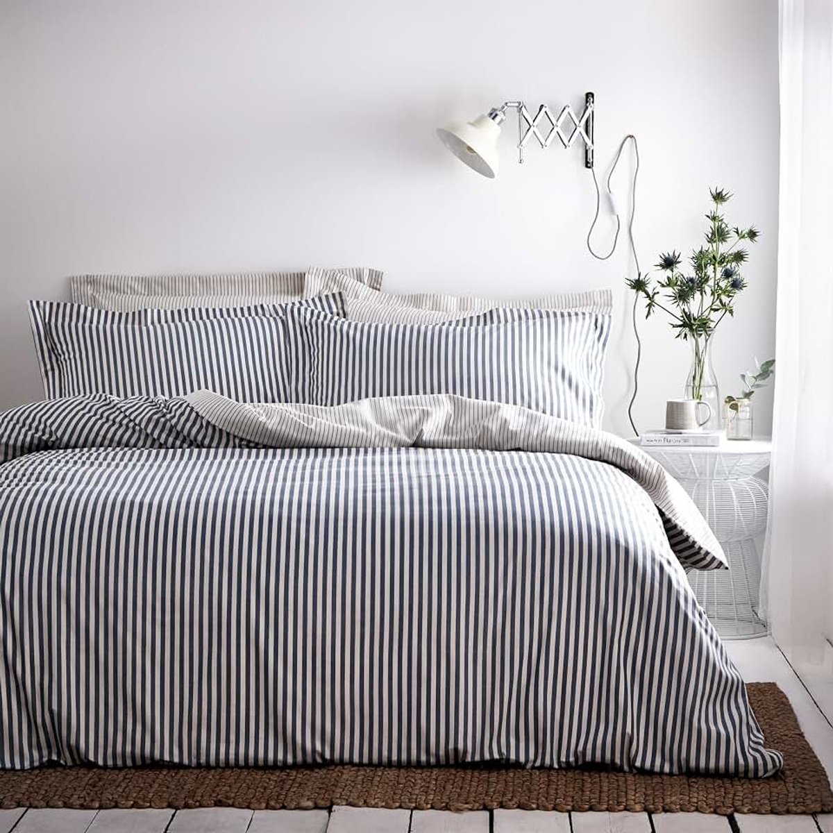 Furn Hebden 100% katoenen gestreepte dekbedovertrekset - omkeerbaar gestreept beddengoed (marineblauw, kingsize)