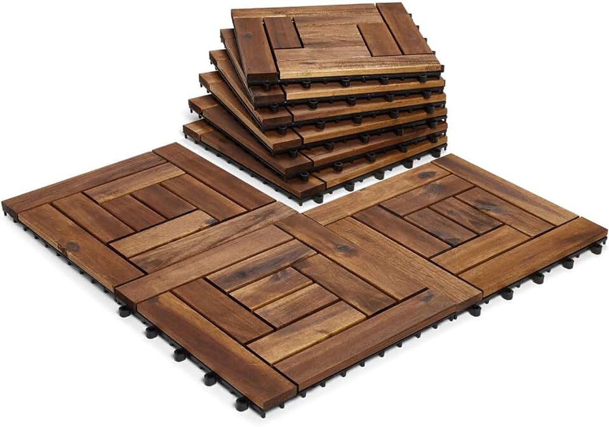 Houten tegels van acacia-hardhout, in elkaar grijpend, 10 lamellen terras, tuin, balkon, whirlpool tegels, vierkant, 30 cm