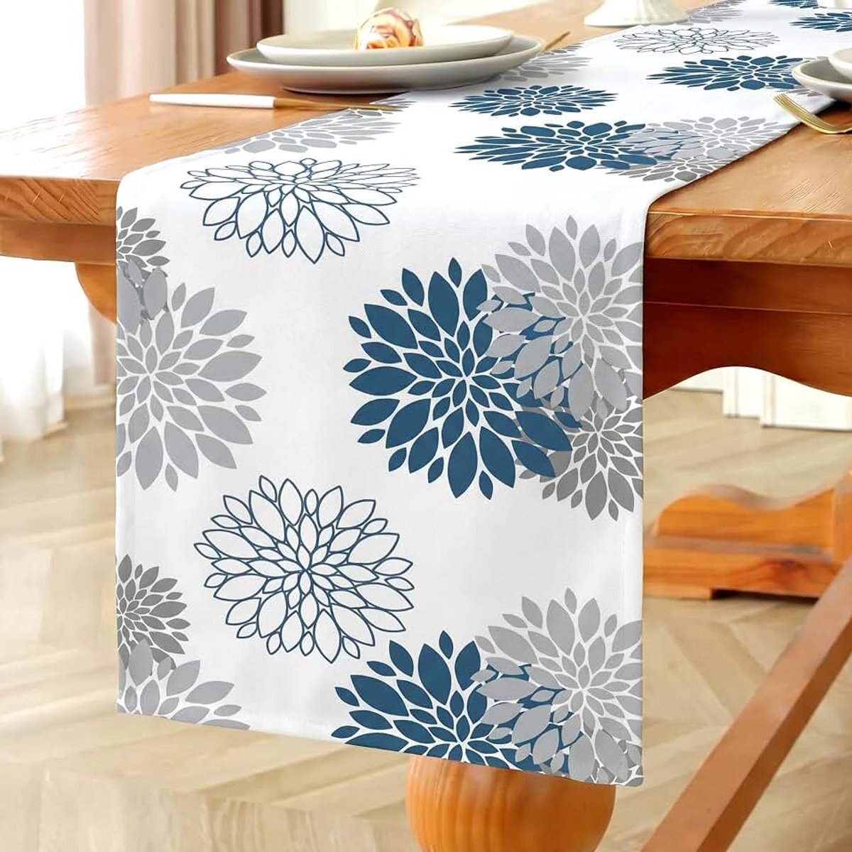 Tafelloper bloemen marineblauw dahlia's modern waterafstotend linnen decoratie tafelkleed outdoor zomer tuin voor bruiloft eetkamer feest vakantie decoratie 40 x 140 cm