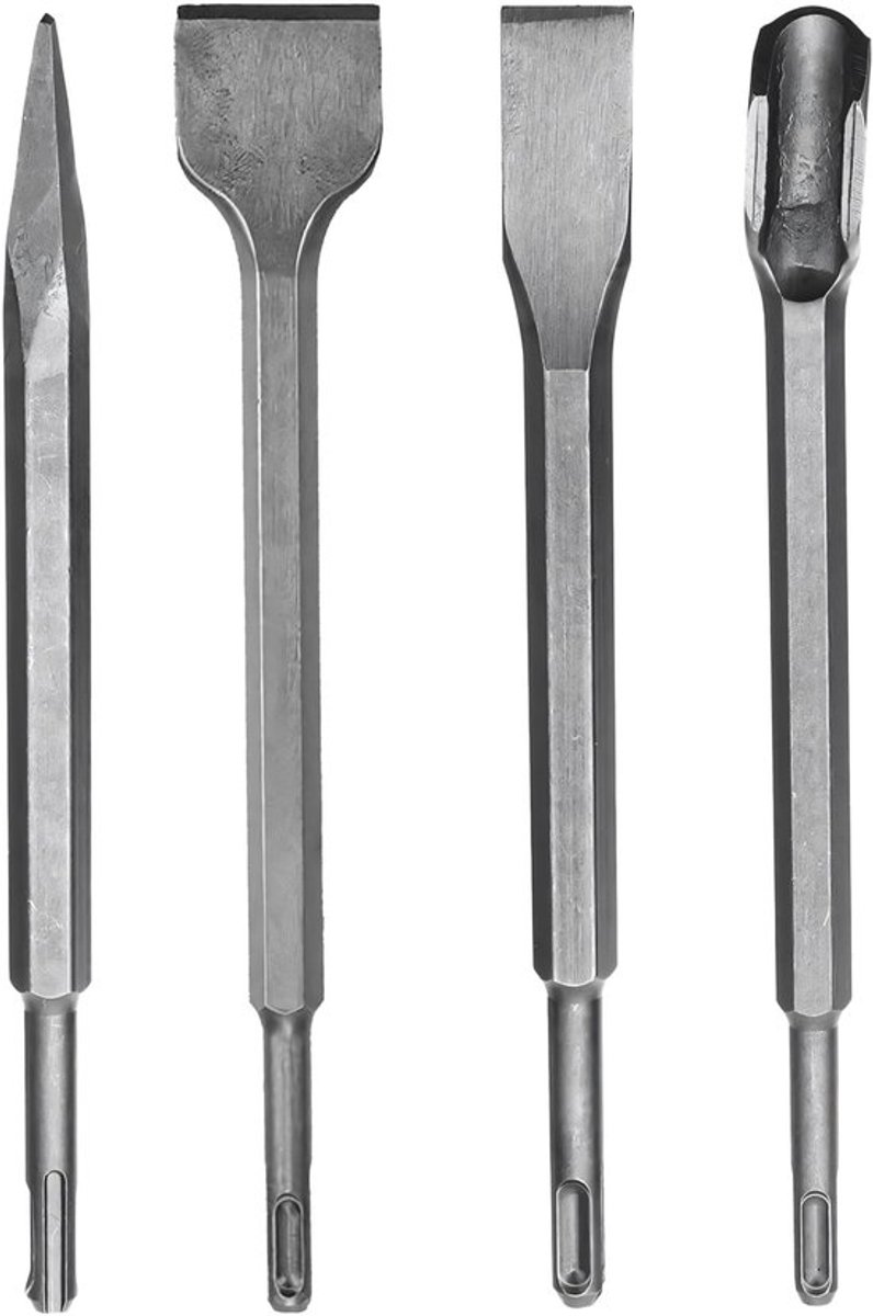 Beitelset SDS Plus 4-delig - Tegelbeitel - Platte Beitel - Spatelbeitel - Puntbeitel - Geschikt voor beton, metselwerk, tegels - Beitels