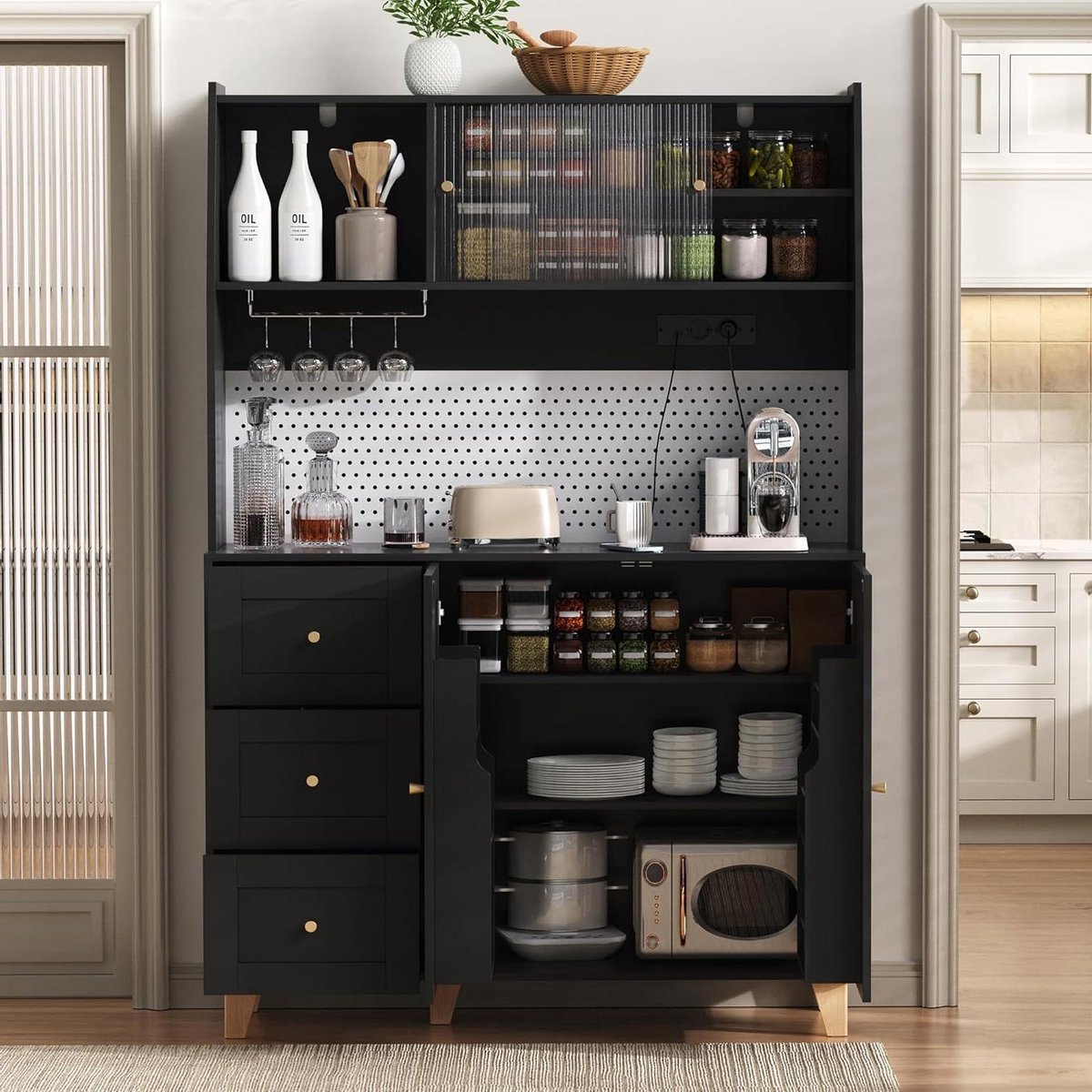 Hoge Keuken Kast - Buffetkast Keuken Serveerkast - Keuken Opbergen - Met Stopcontacten - 120x40x184cm - Zwart