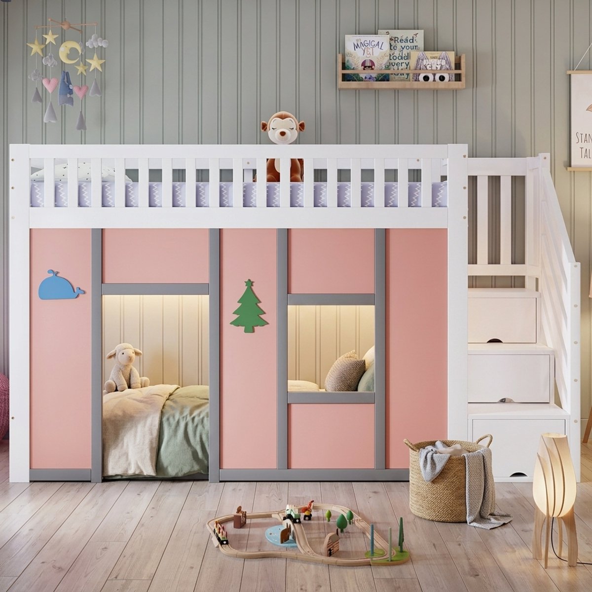 Kinder Halbhochbed 90x200 cm - Weiß Pink - Mit Stauraumtreppe und LED-Licht - Spielbereich Design