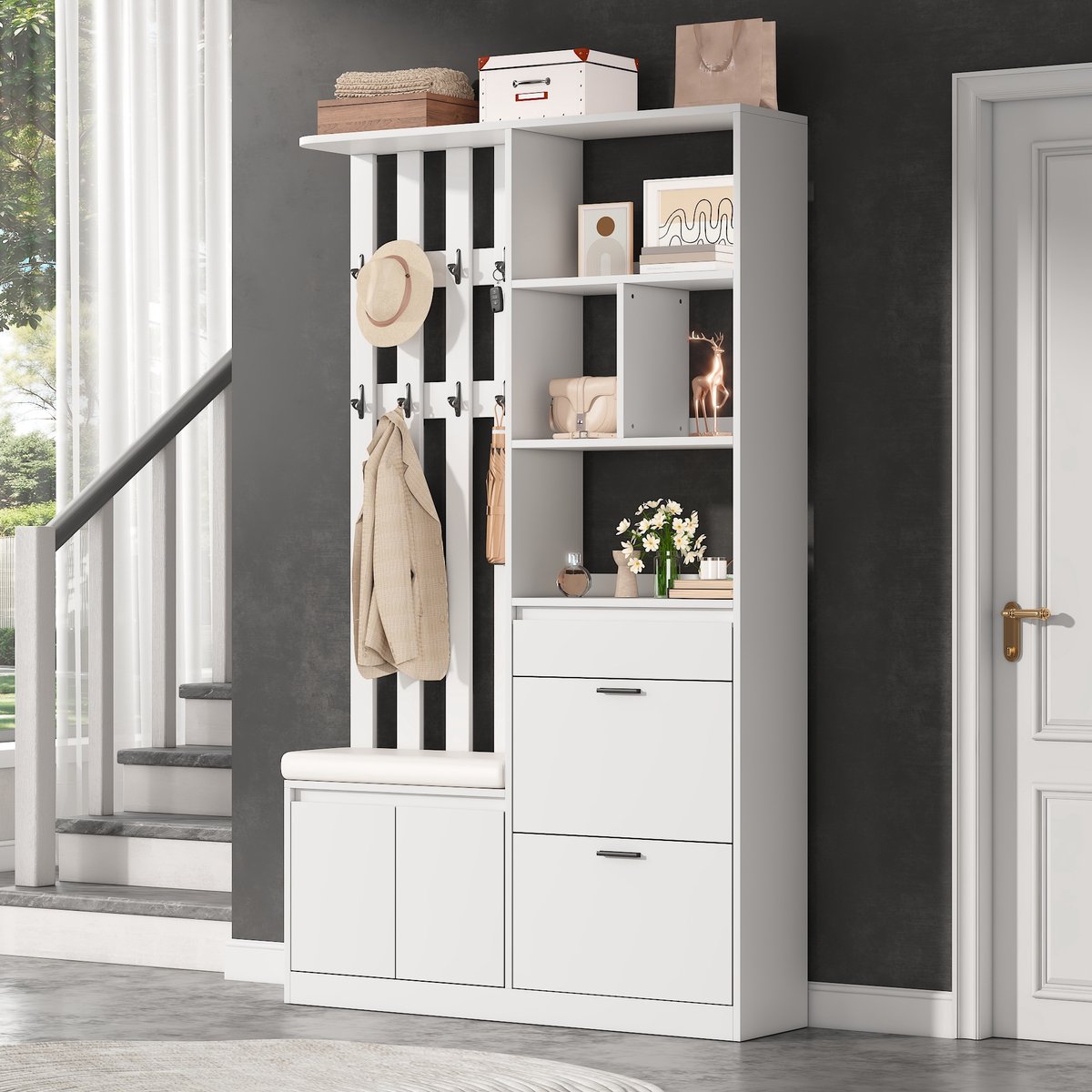 Flurgarderobe 120x30x200cm - Multifunctionele Opbergkast met Zitbank - Wit