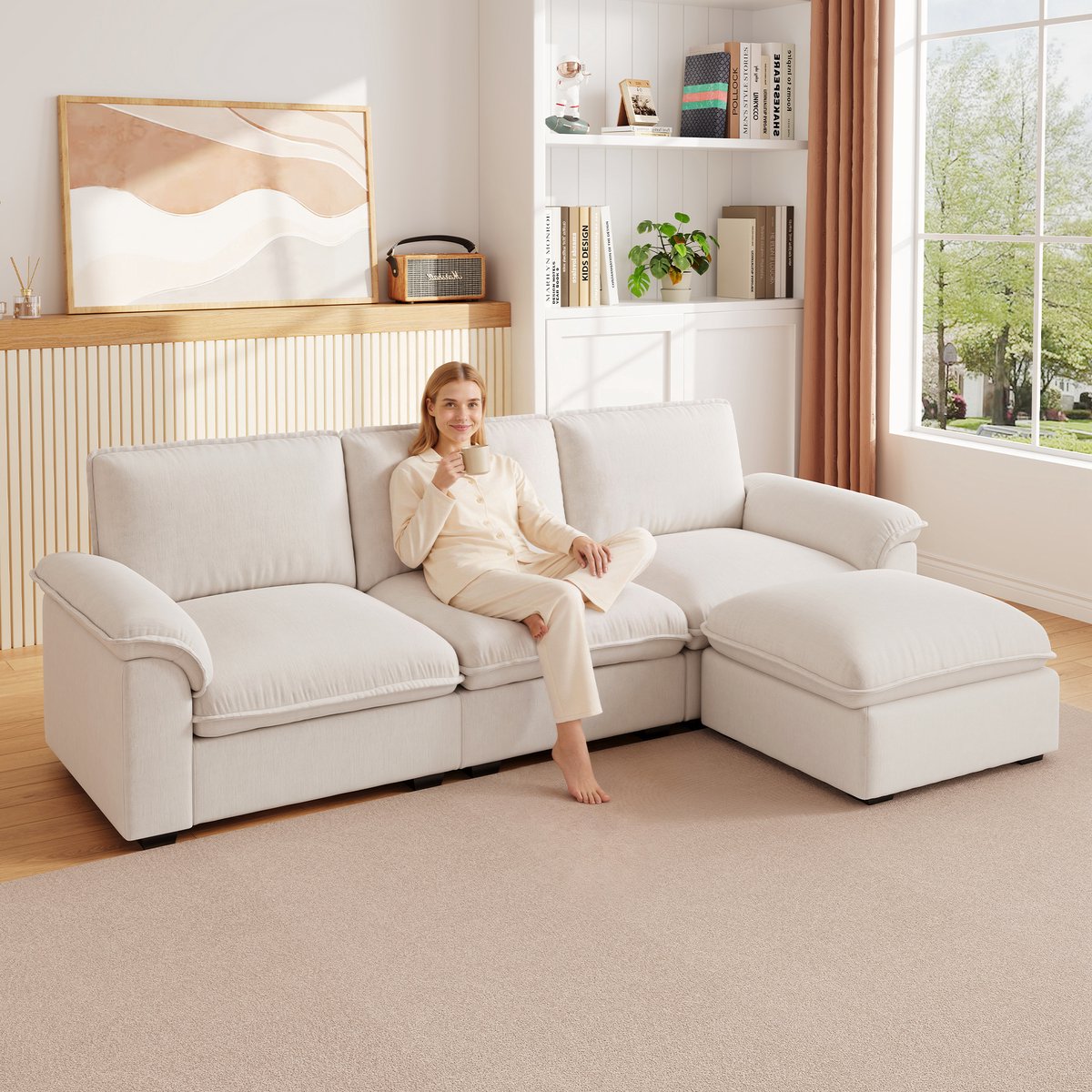 Beige Chenille L-Form Cloud Sofa - Modulair 4-persoons met Ottoman - Comfortabel Zithoek