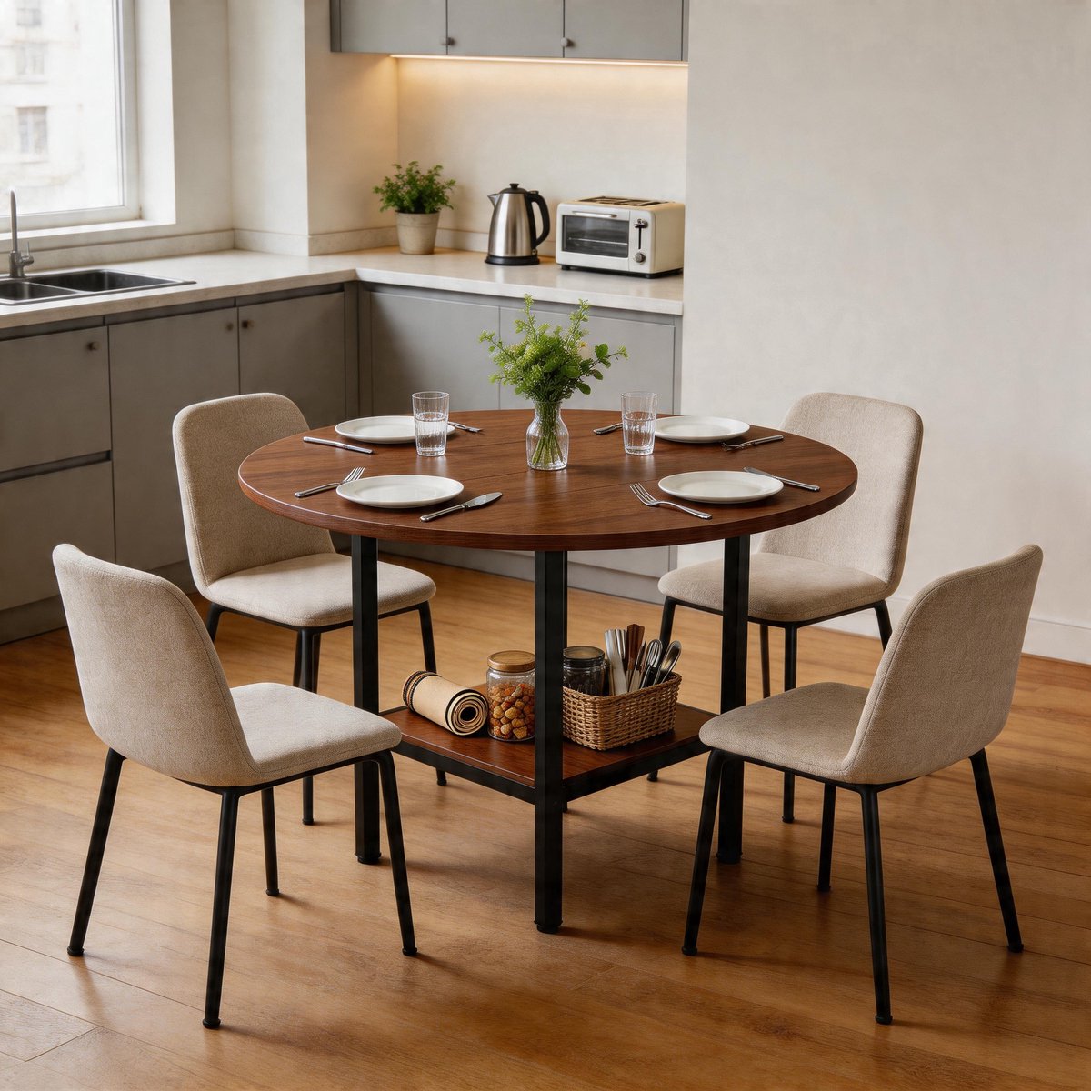 Ronde Eettafel 100cm - Tafel Met Opbergrek - Walnoot Look Metalen Frame
