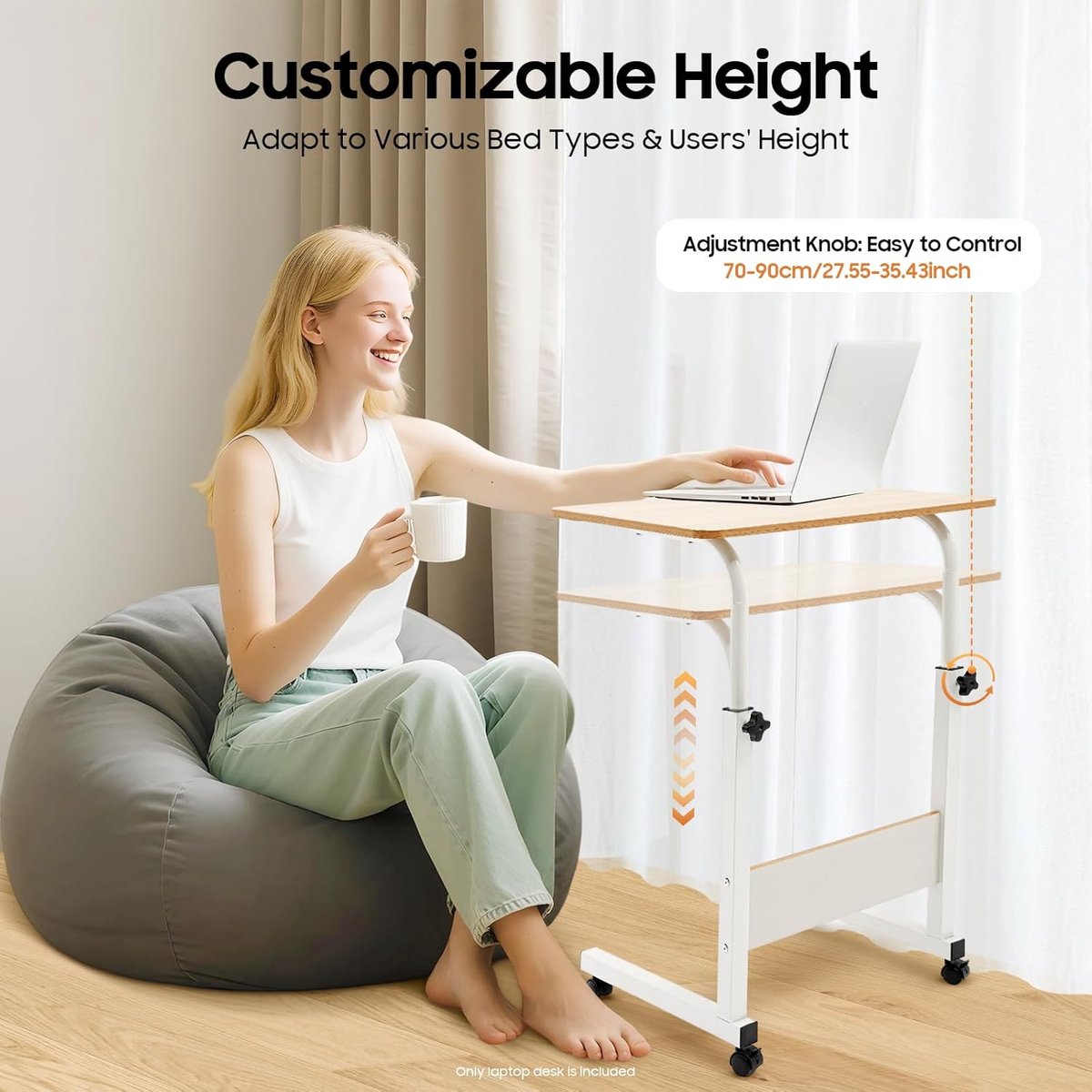 Verstelbaar Bureau - Laptoptafel - Thuiswerken - Met Wielen - 60x40 cm - Wit Hout thumbnail 2