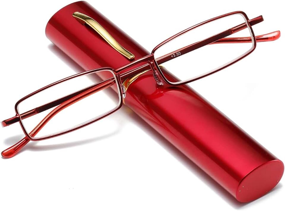 Leesbril in penvorm van metaal, voor heren en dames, leesbril met veerscharnieren, tegen blauw licht, met metalen etui