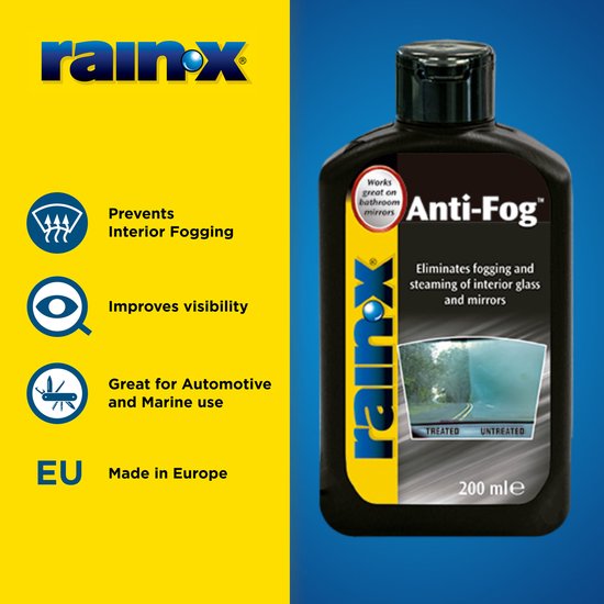 Fles Rain-X Anti-Fog met logo en tekst. Links: icons voor voorkomt condens, verbetert zicht, auto/boot gebruik, Made in Europe.