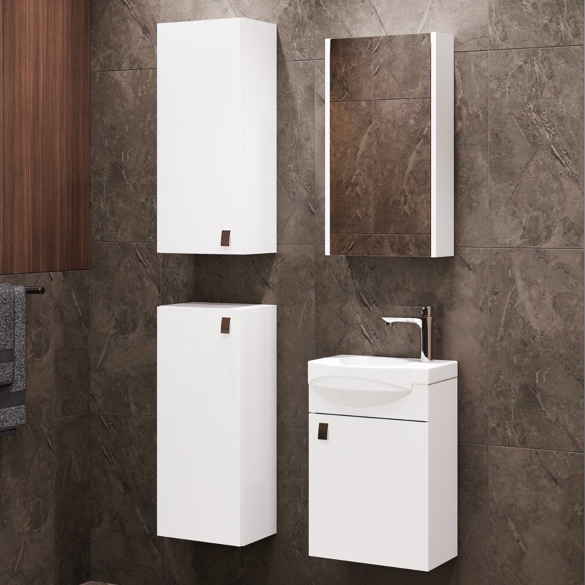 Planetmöbel - Badkamermeubelset 40 cm - Wit - Met spiegelkast - 2x Midikast - Softclose
