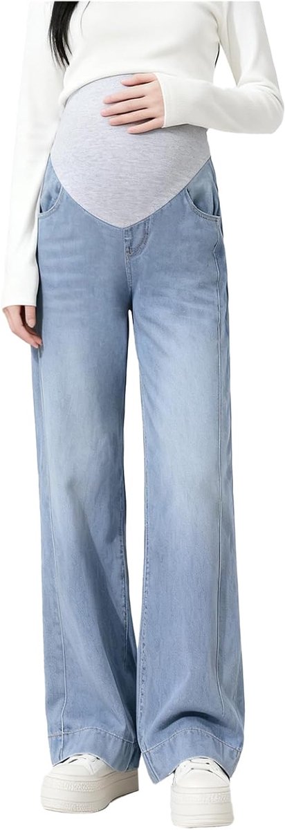 Jeansbroek voor dames, verstelbare tailleband, wijde bootcut/flare stretch denim loungebroek met zakken, voor kleine vrouwen tot 170 cm